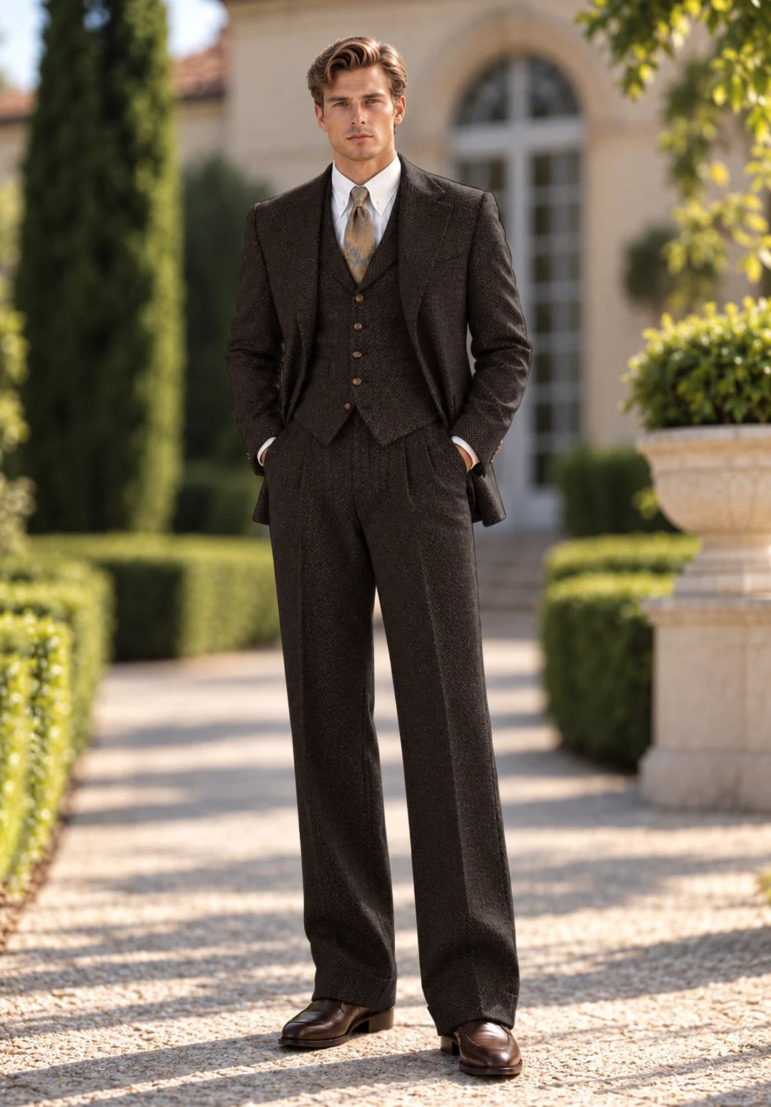 Costume Trois Pièces Homme Coupe Moderne en Chevrons avec Gilet Assorti