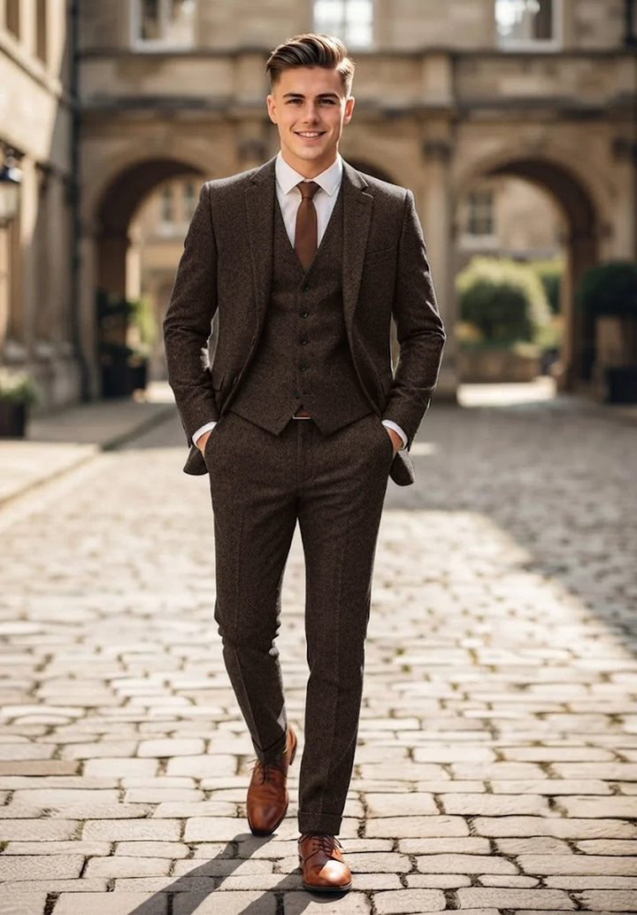 Costume Trois Pièces Homme Coupe Classique en Chevrons avec Col Notch et Gilet Cinq Boutons