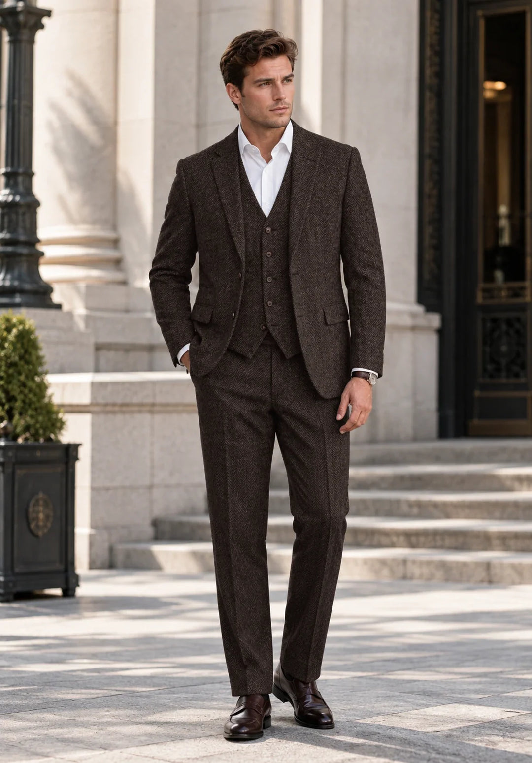 Completo uomo tre pezzi slim fit a spina di pesce con gilet abbottonato