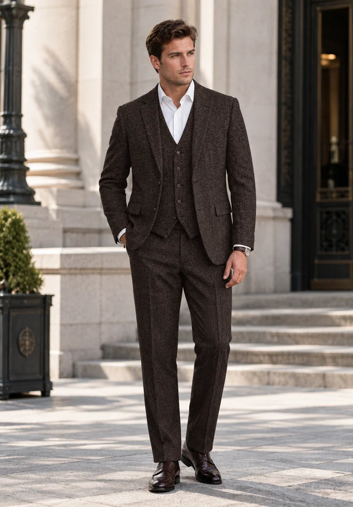 Completo uomo tre pezzi slim fit a spina di pesce con gilet abbottonato