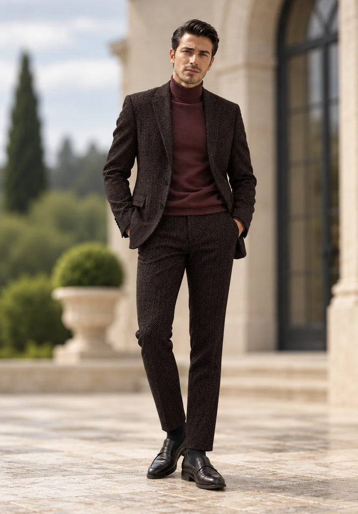 Costume Deux Pièces Homme Coupe Slim en Chevrons avec Col Notch et Poches à Rabat