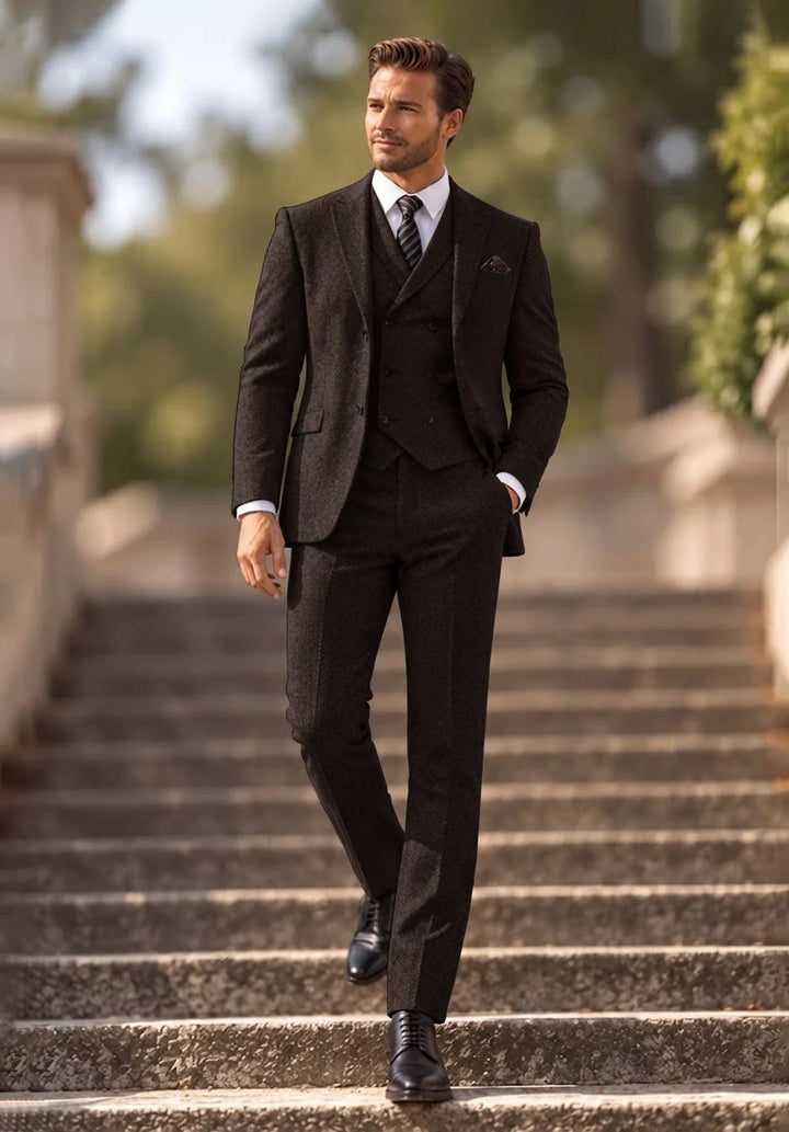Herenkostuum in drie delen met slim fit in visgraatmotief, met double-breasted vest