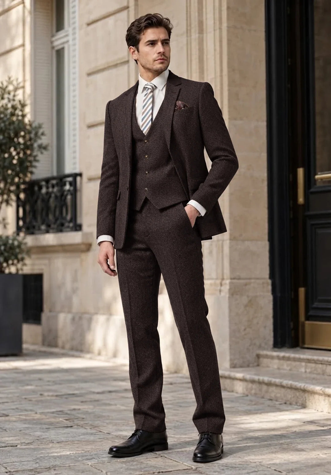 Costume Trois Pièces Homme Coupe Regular en Chevrons avec Gilet Boutonné