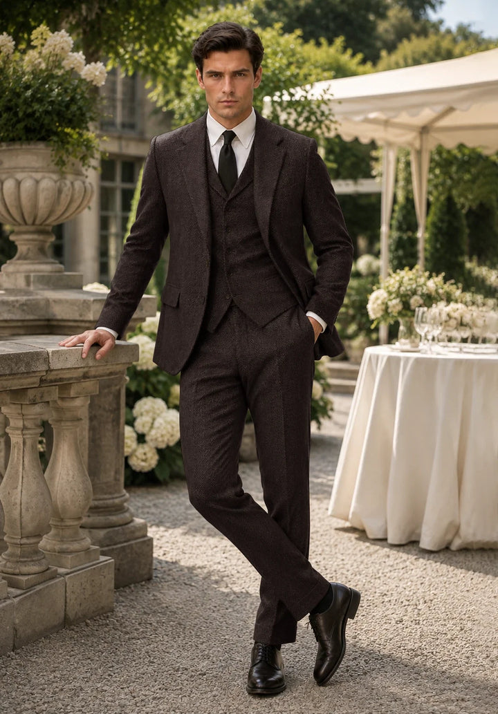Costume Trois Pièces Homme Coupe Slim en Chevrons avec Col Notch et Gilet Assorti