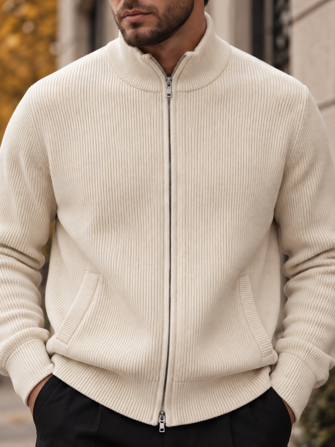 Maglione da uomo in maglia fine con zip integrale, collo rialzato e bordi a coste