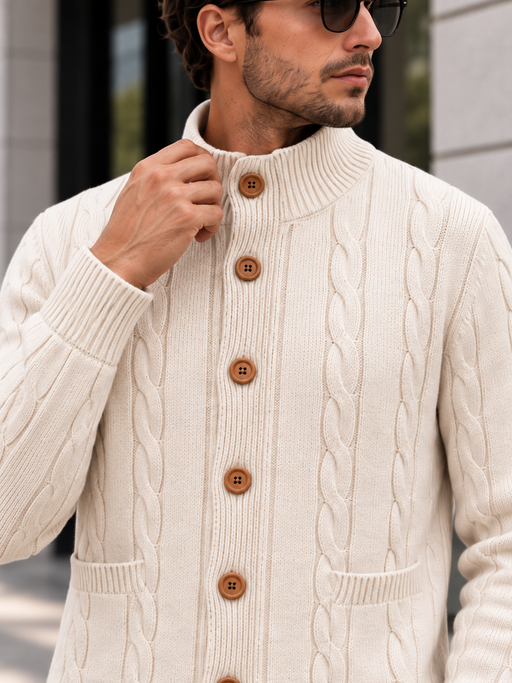Cardigan Homme Maille Torsadée Boutonné Avec Petit Col Montant