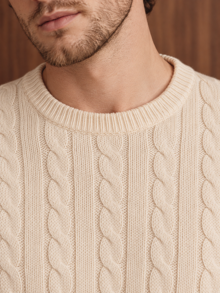 Maglione da uomo in maglia a trecce con girocollo e bordi a coste