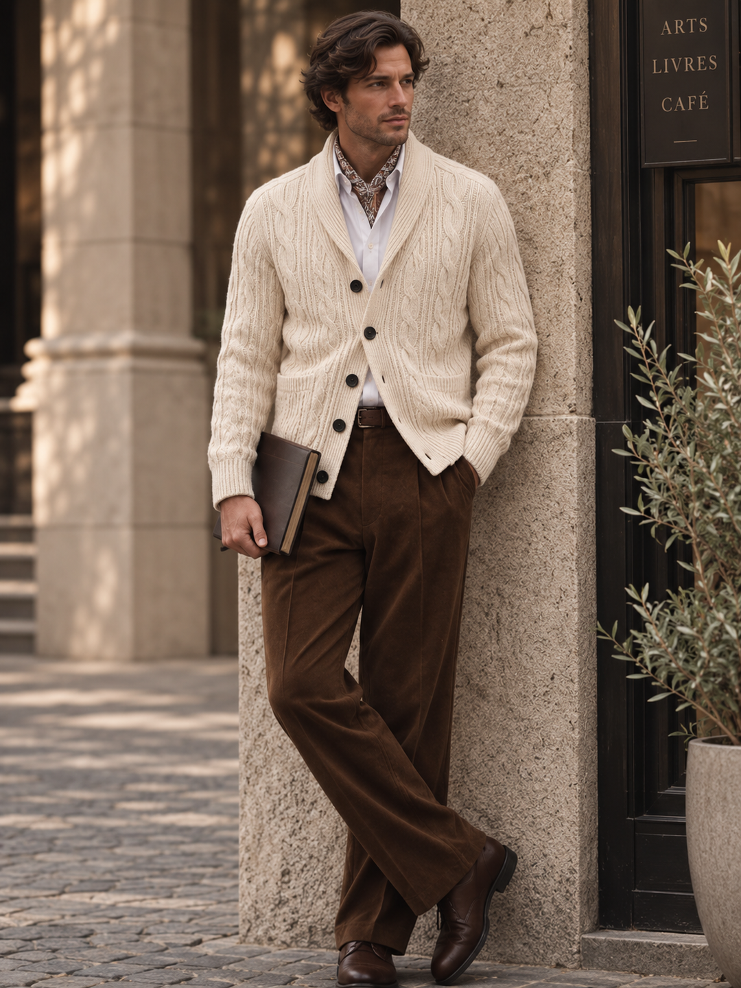 Men's cable-knit shawl-collar cardigan