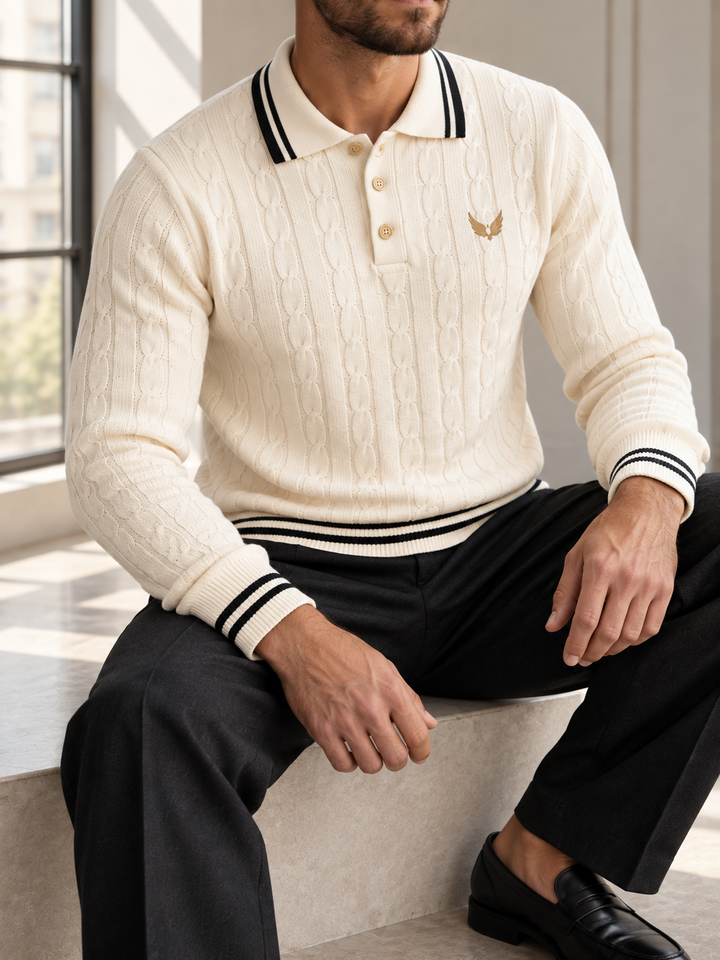 Pull Homme Col Polo Maille Torsadée Avec Liseré Contrastant