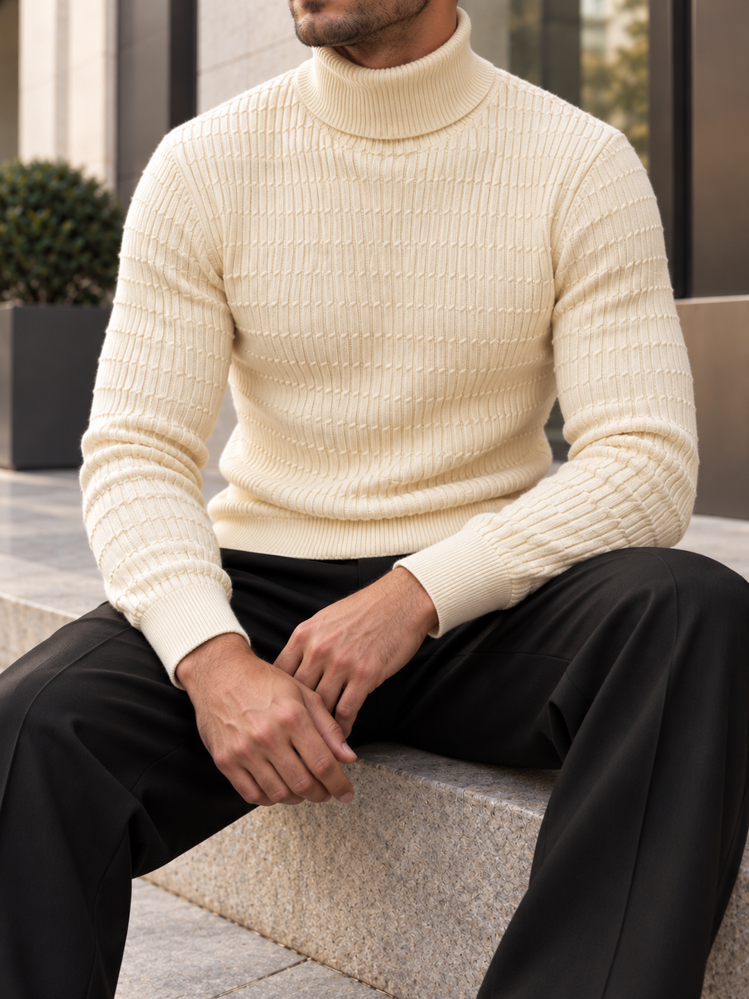 Pull Col Roulé Homme Côtes Verticales En Maille