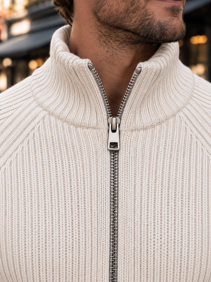 Cardigan Homme Maille Zip Intégral Col Montant Et Bords Côtelés