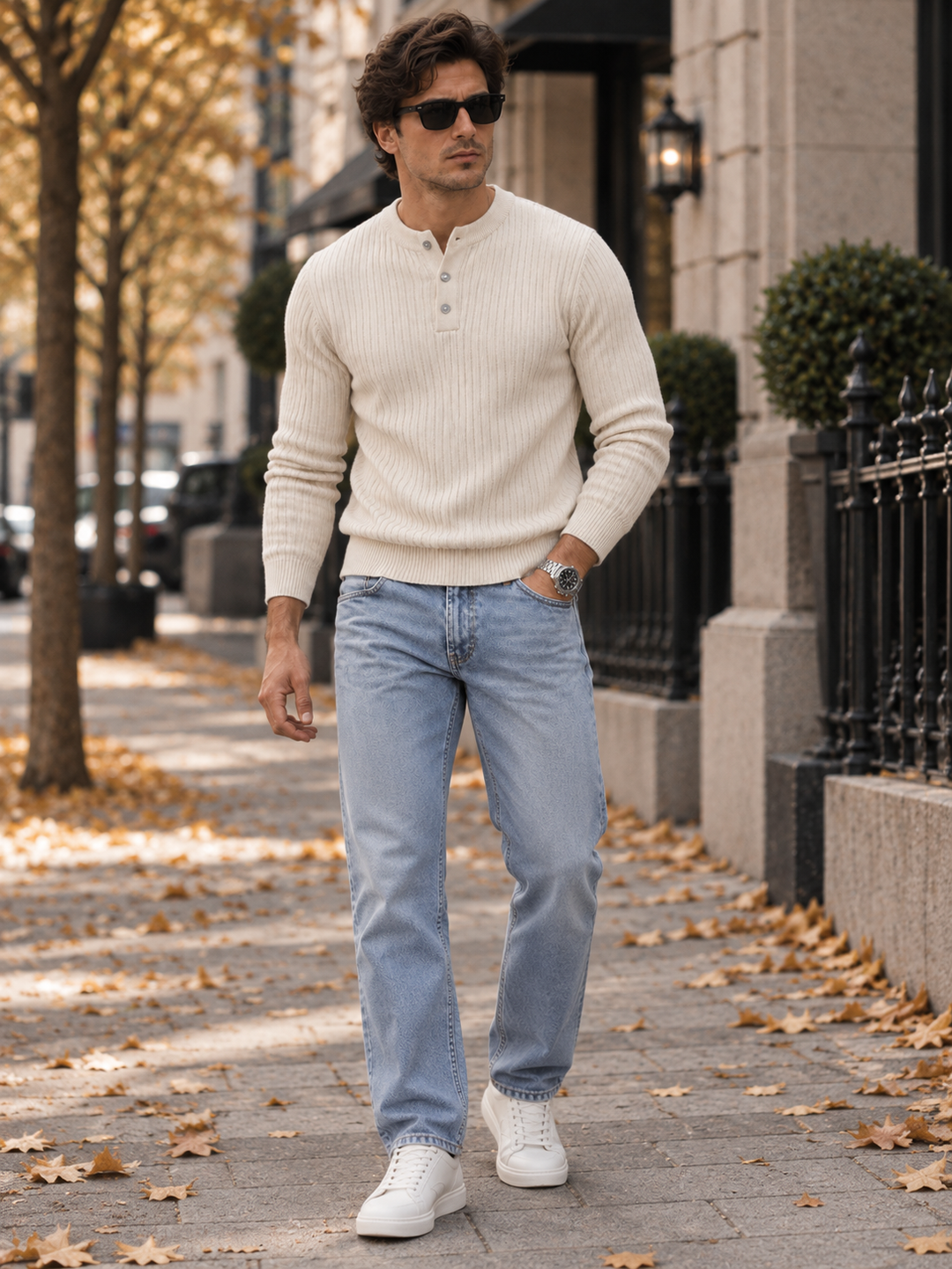 Maglione da uomo in maglia a coste con colletto abbottonato e maniche lunghe