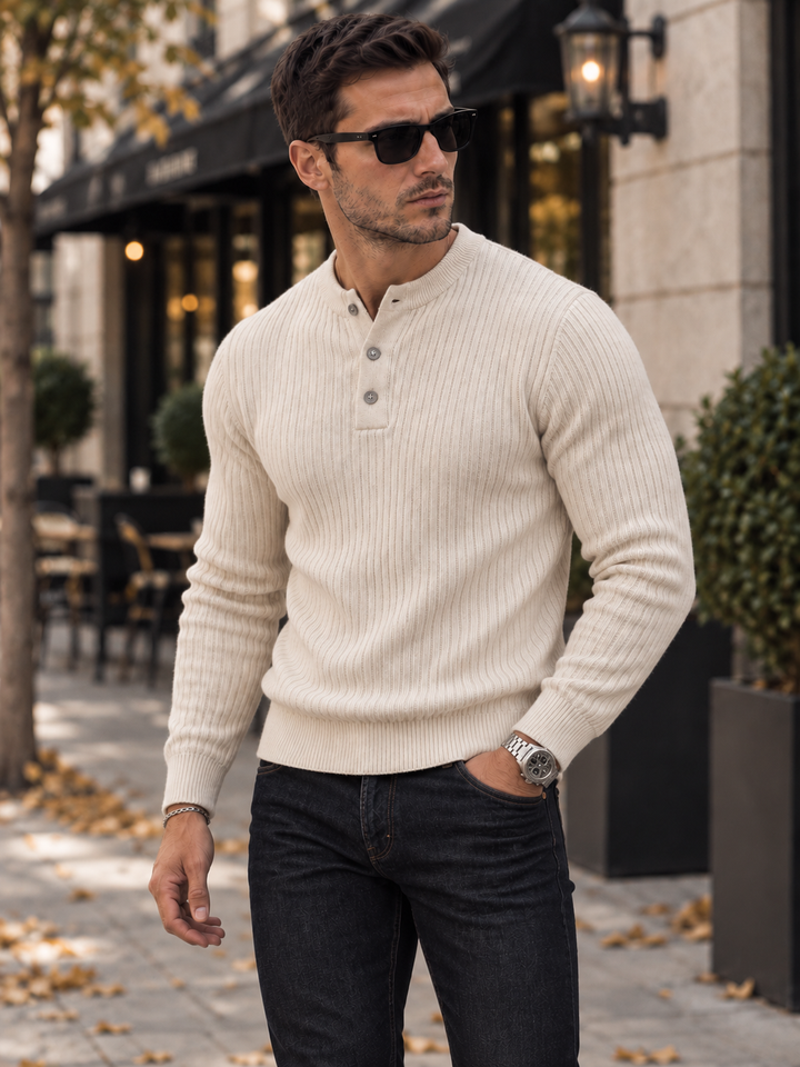 Maglione da uomo in maglia a coste con colletto abbottonato e maniche lunghe