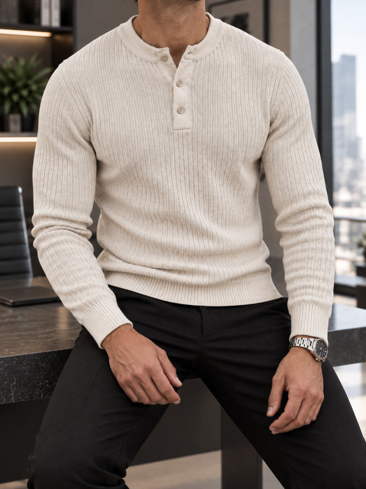 Maglione da uomo in maglia a coste con colletto abbottonato e maniche lunghe