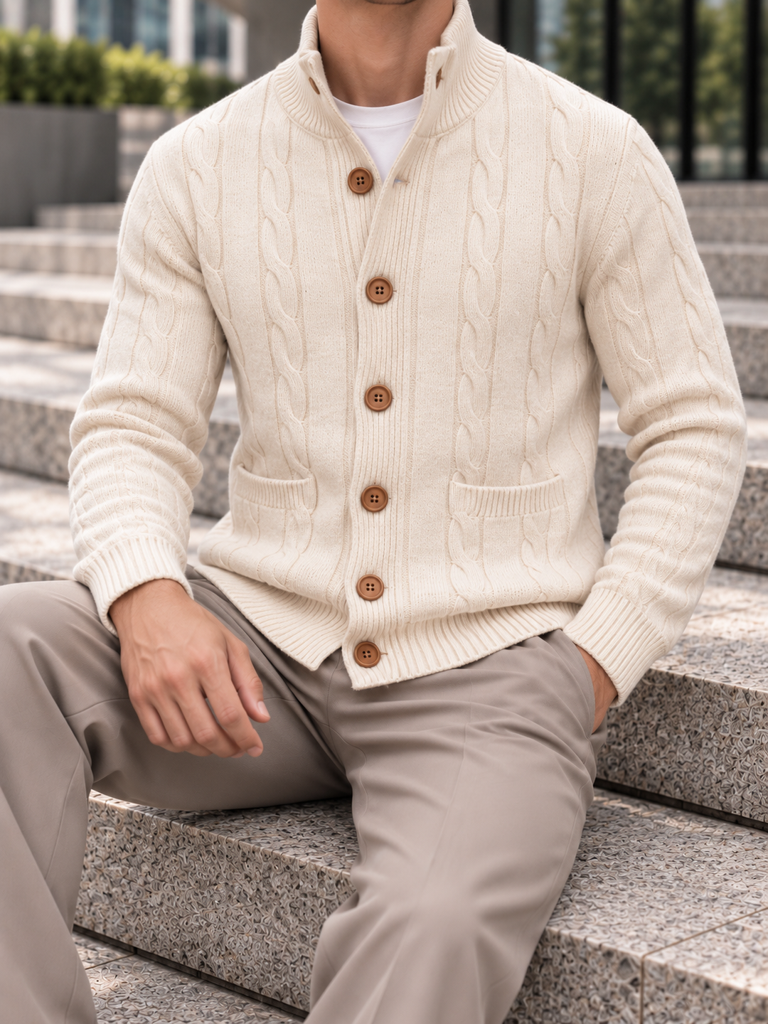 Cardigan Homme Maille Torsadée Boutonné Avec Petit Col Montant