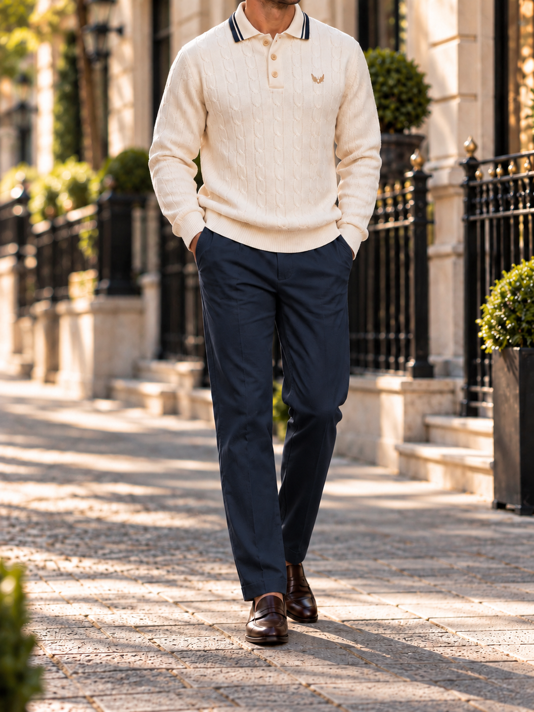 Pull Homme Col Polo Maille Torsadée Avec Liseré Contrastant