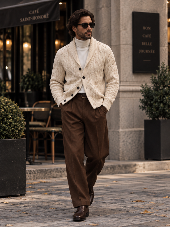 Men's cable-knit shawl-collar cardigan