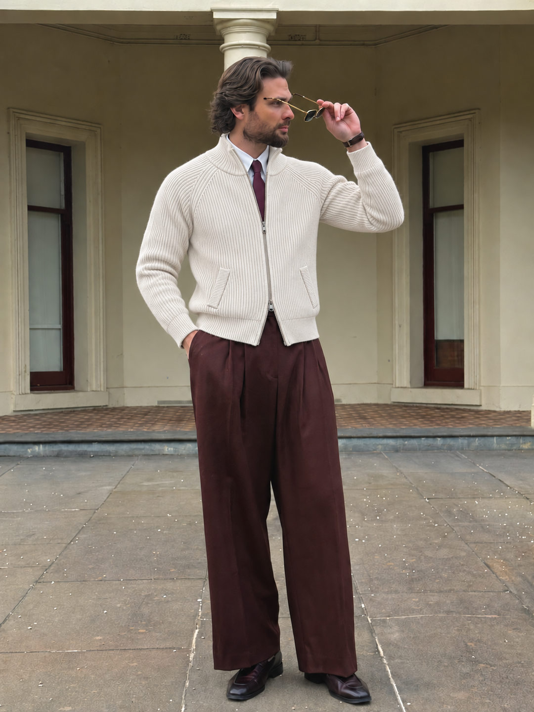 Cardigan Homme Maille Zip Intégral Col Montant Et Bords Côtelés