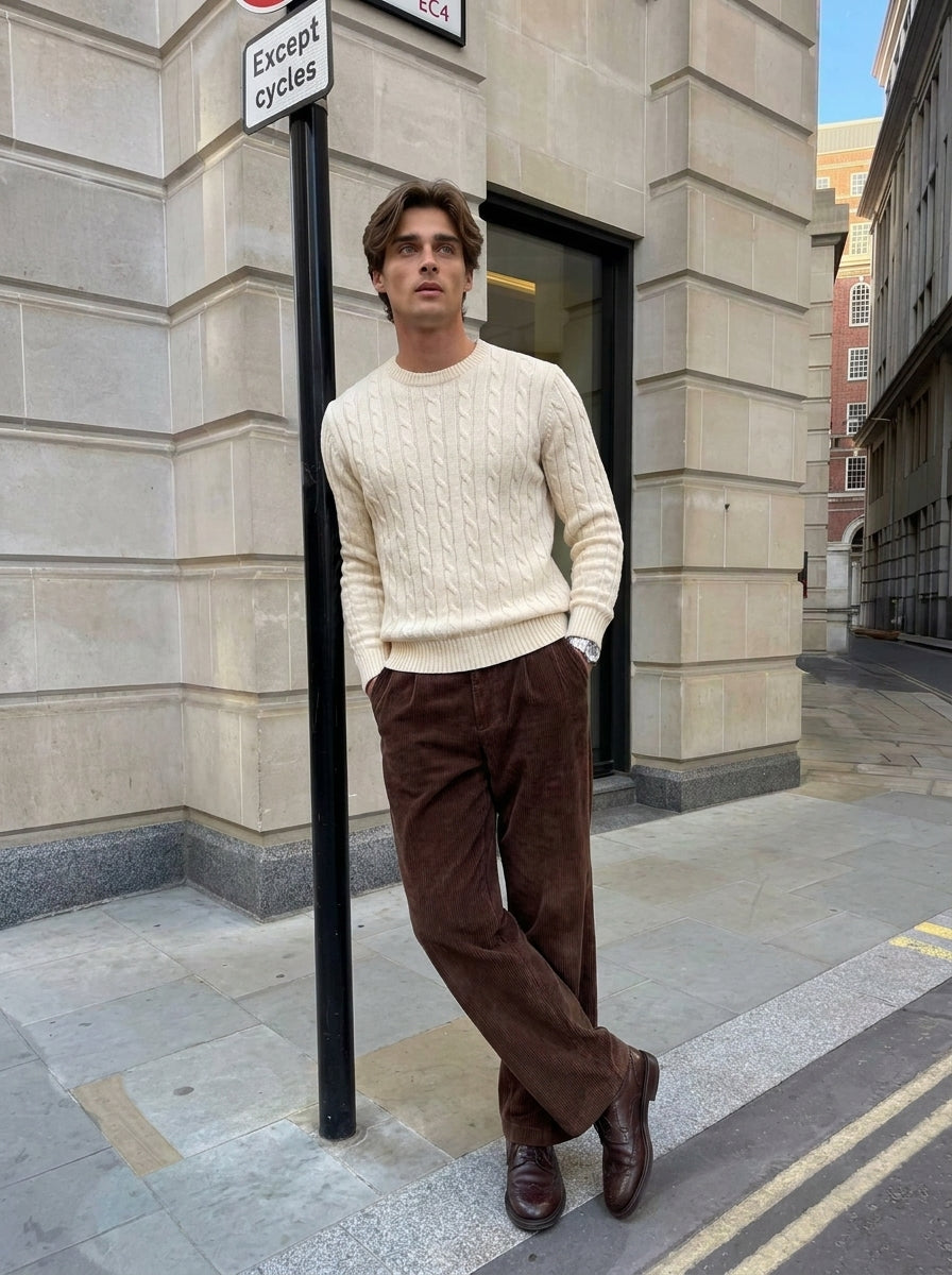 Maglione da uomo in maglia a trecce con girocollo e bordi a coste