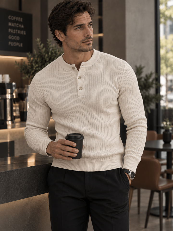 Maglione da uomo in maglia a coste con colletto abbottonato e maniche lunghe