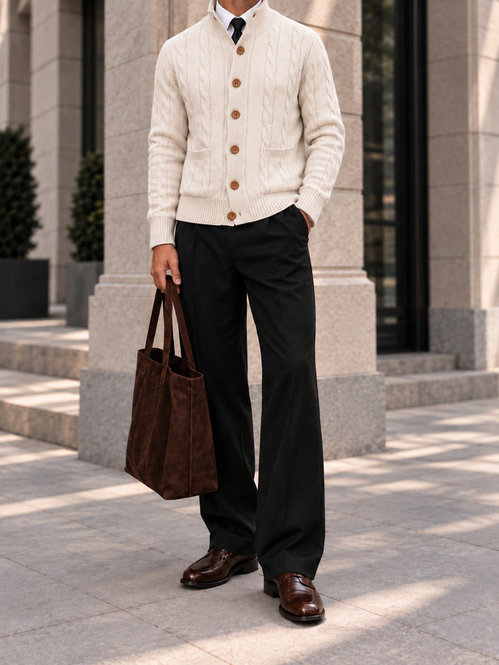 Cardigan Homme Maille Torsadée Boutonné Avec Petit Col Montant
