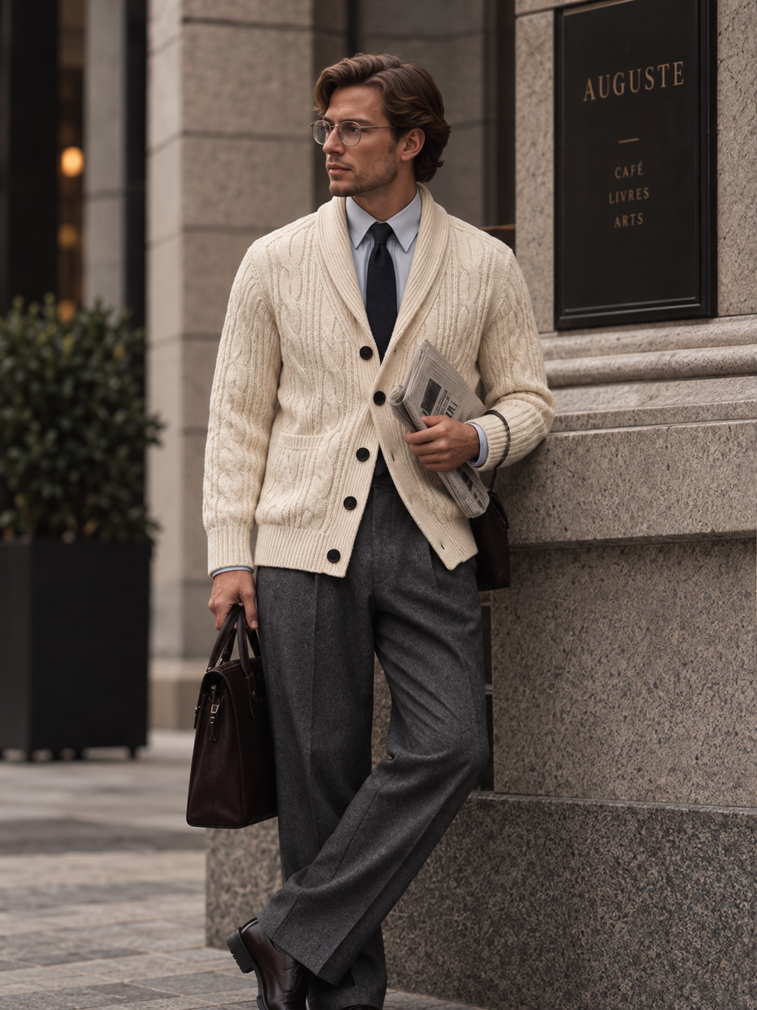 Men's cable-knit shawl-collar cardigan