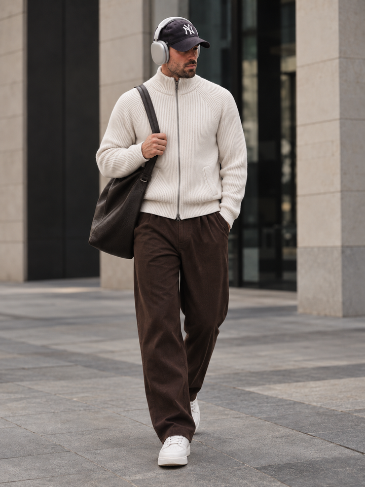 Cardigan Homme Maille Zip Intégral Col Montant Et Bords Côtelés