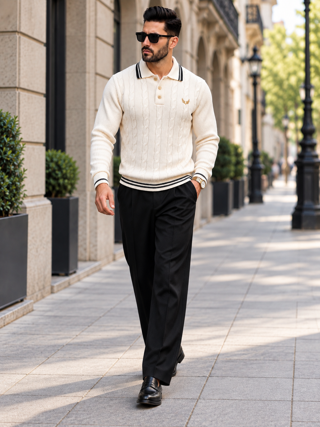 Pull Homme Col Polo Maille Torsadée Avec Liseré Contrastant