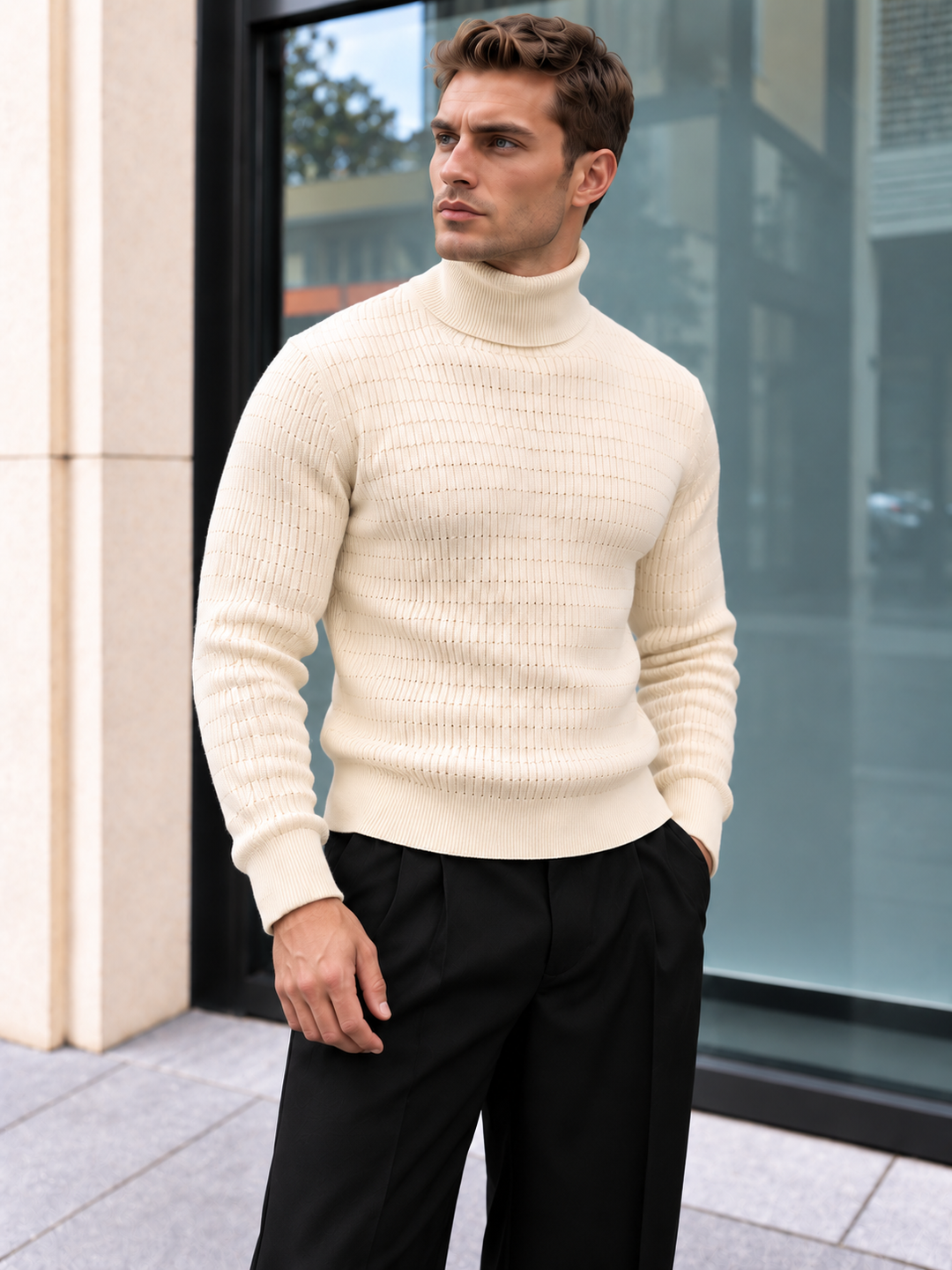 Pull Col Roulé Homme Côtes Verticales En Maille