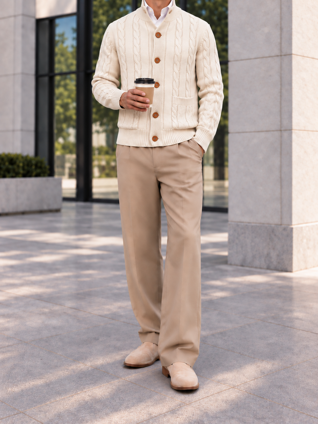Cardigan Homme Maille Torsadée Boutonné Avec Petit Col Montant