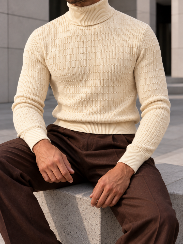 Pull Col Roulé Homme Côtes Verticales En Maille