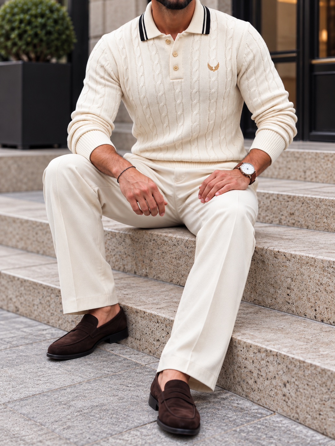 Pull Homme Col Polo Maille Torsadée Avec Liseré Contrastant