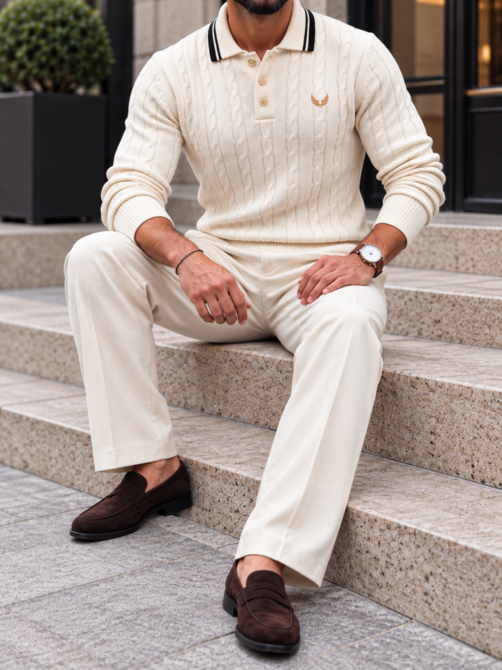 Pull Homme Col Polo Maille Torsadée Avec Liseré Contrastant