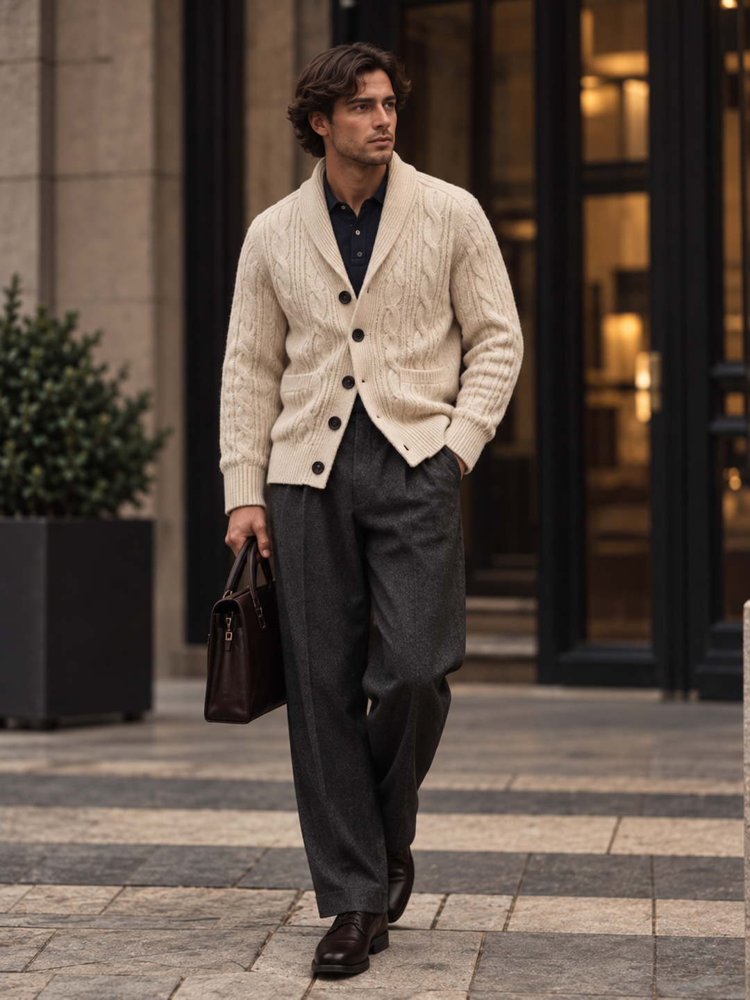 Men's cable-knit shawl-collar cardigan