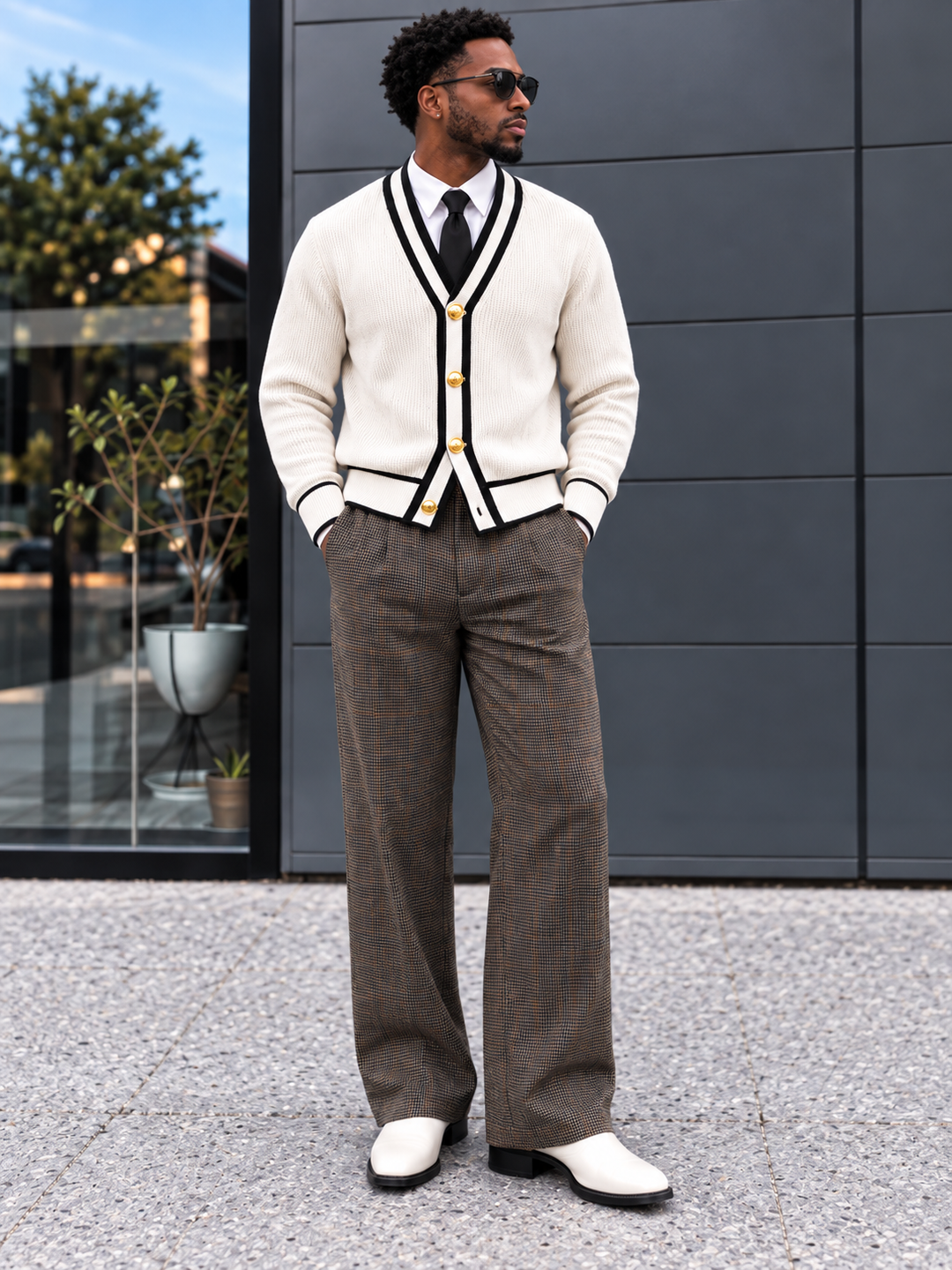 Cardigan Homme Col V Côtelé Avec Bordure Contrastante Et Boutons Dorés