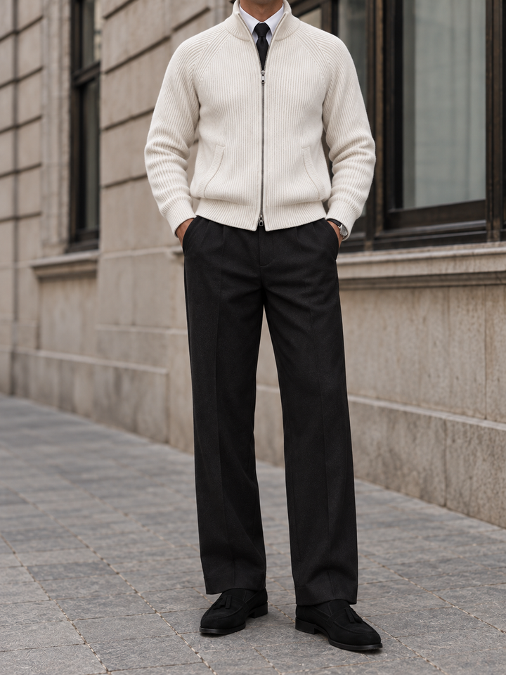 Cardigan Homme Maille Zip Intégral Col Montant Et Bords Côtelés