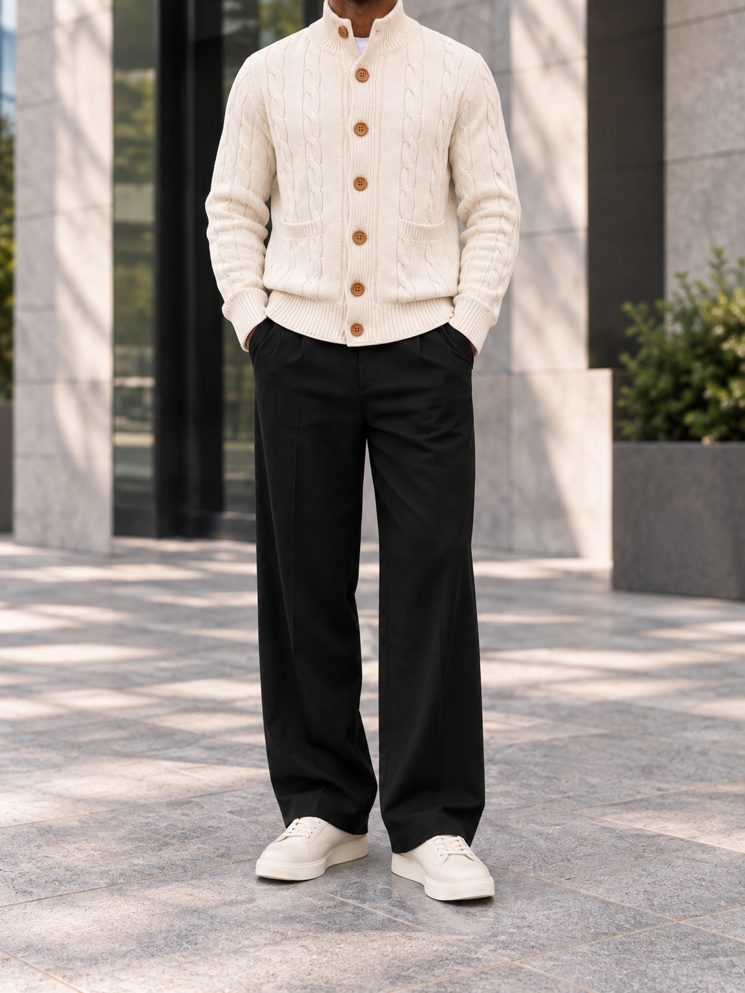 Cardigan Homme Maille Torsadée Boutonné Avec Petit Col Montant