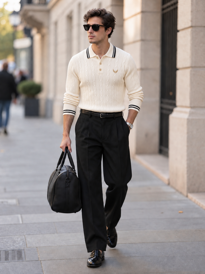 Pull Homme Col Polo Maille Torsadée Avec Liseré Contrastant