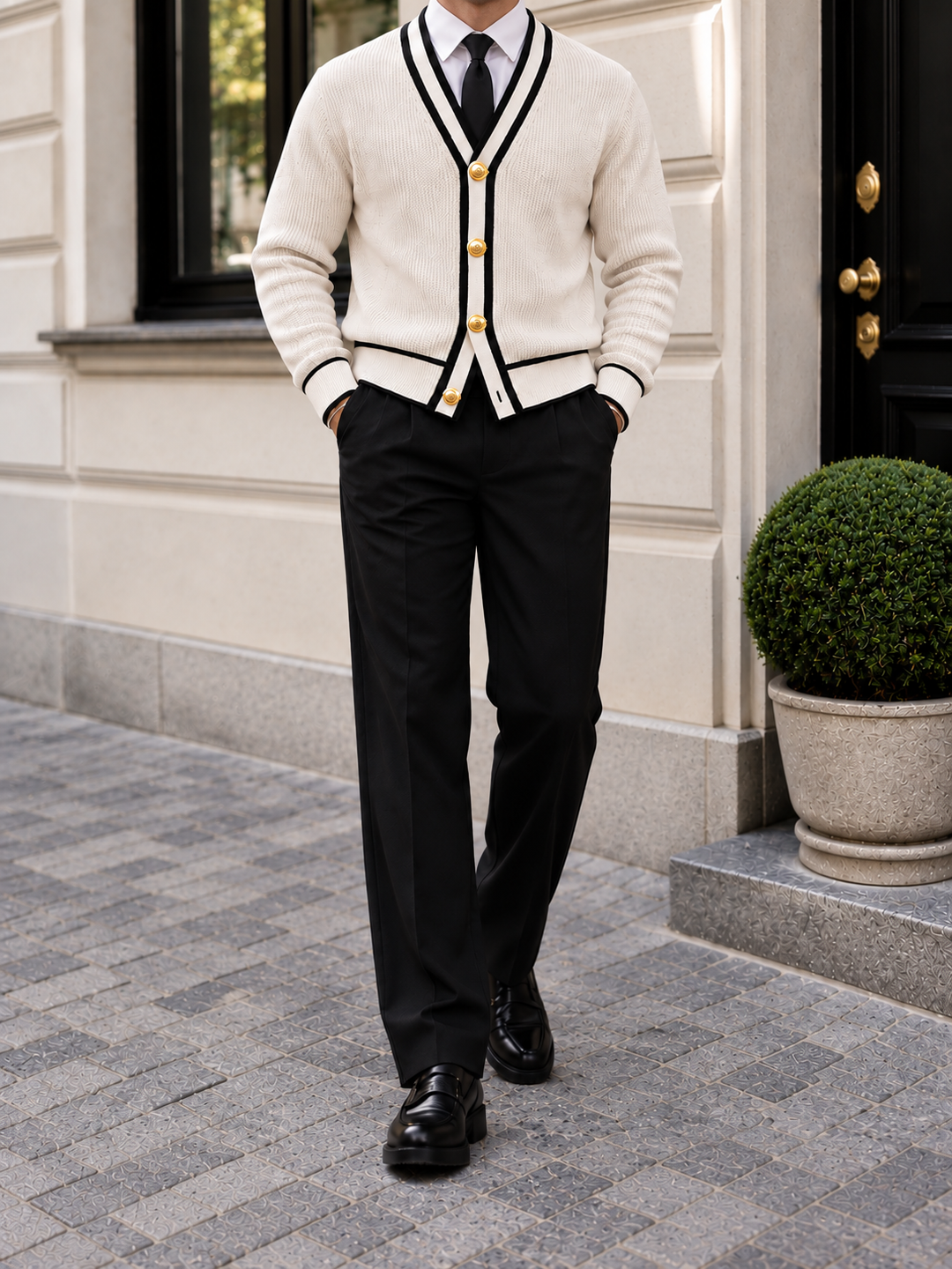 Cardigan Homme Col V Côtelé Avec Bordure Contrastante Et Boutons Dorés