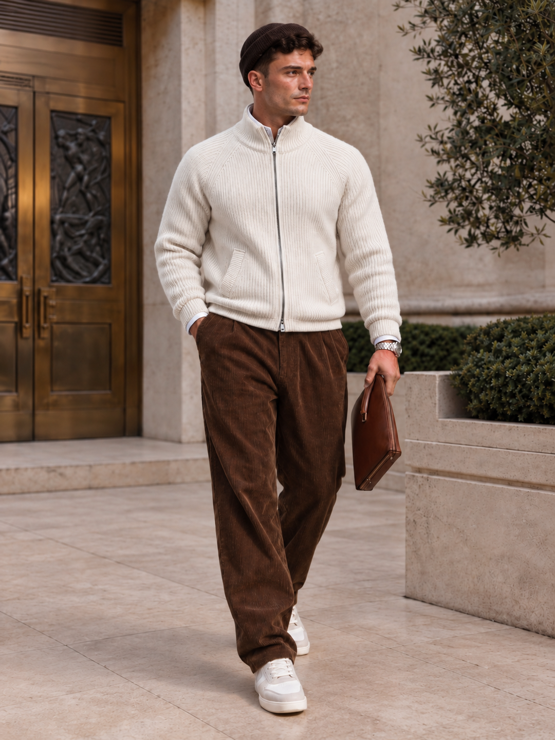 Cardigan Homme Maille Zip Intégral Col Montant Et Bords Côtelés