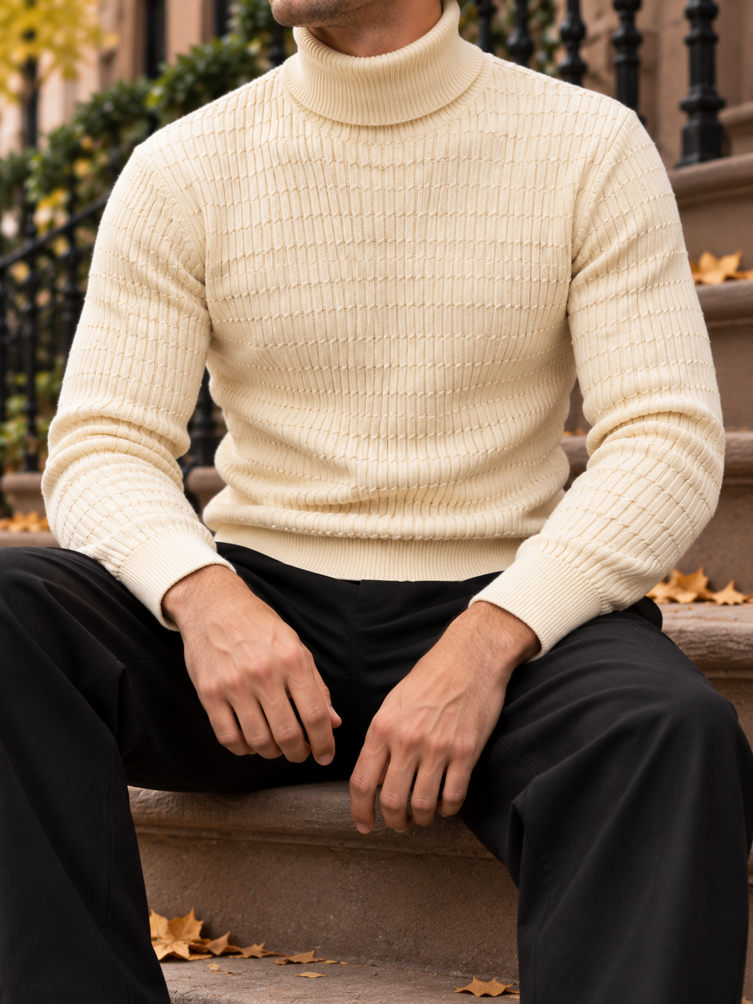 Pull Col Roulé Homme Côtes Verticales En Maille