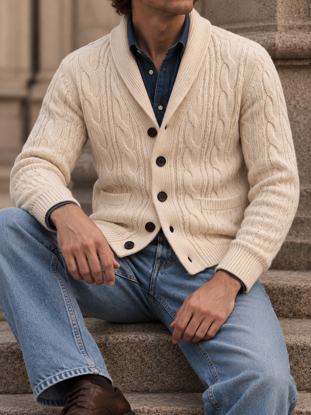 Men's cable-knit shawl-collar cardigan