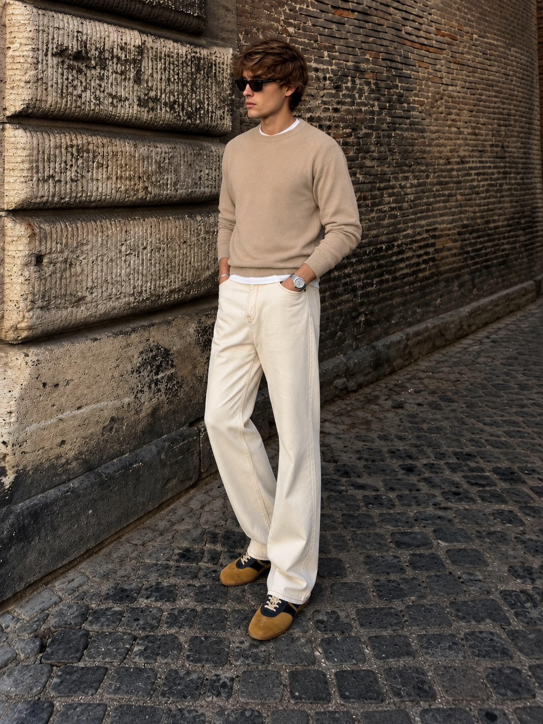 Pullover da uomo in maglia tinta unita con scollo rotondo e bordi a coste
