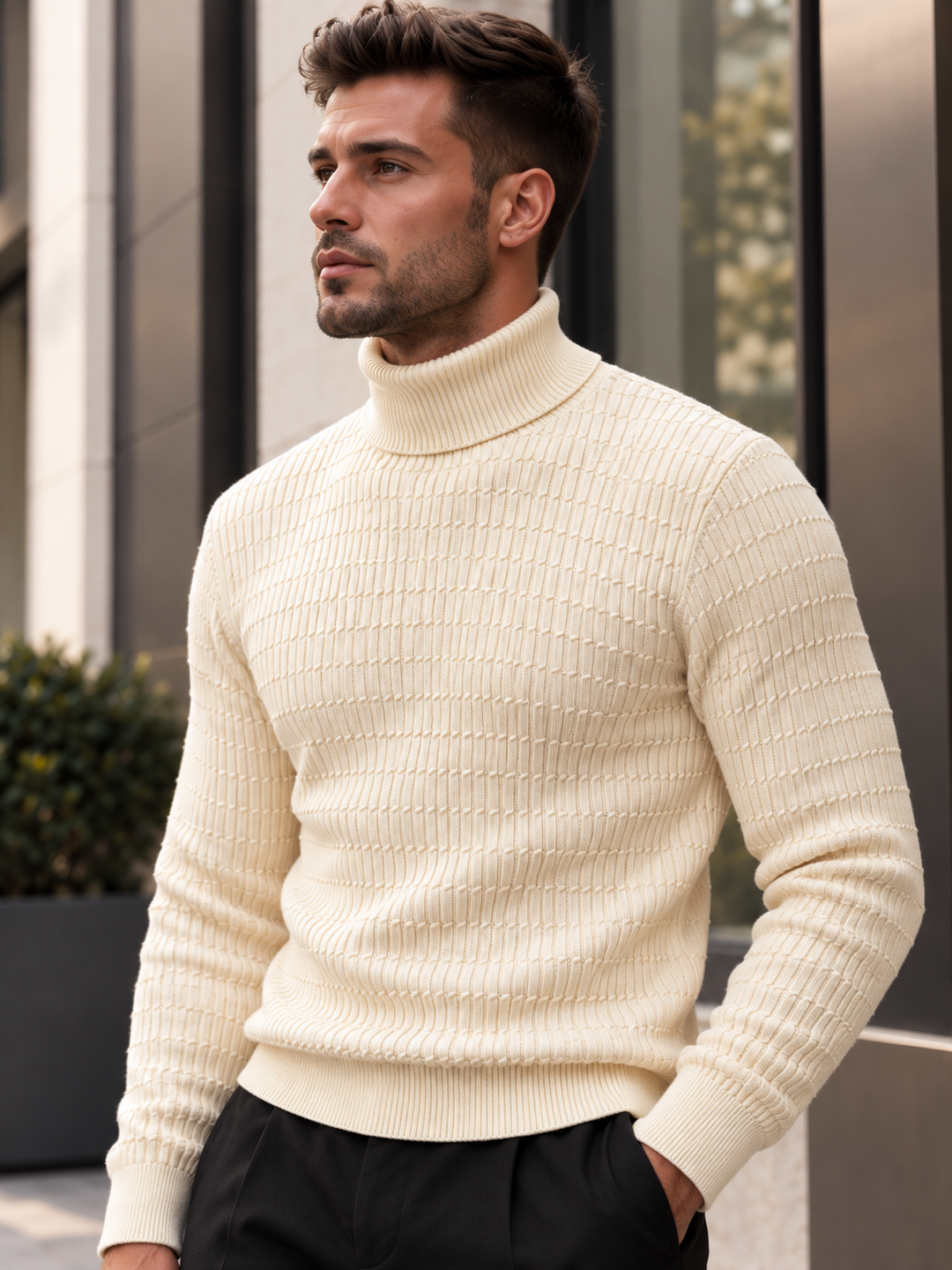 Pull Col Roulé Homme Côtes Verticales En Maille