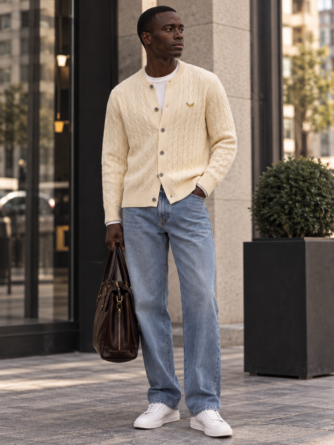 Cardigan da uomo abbottonato in maglia intrecciata