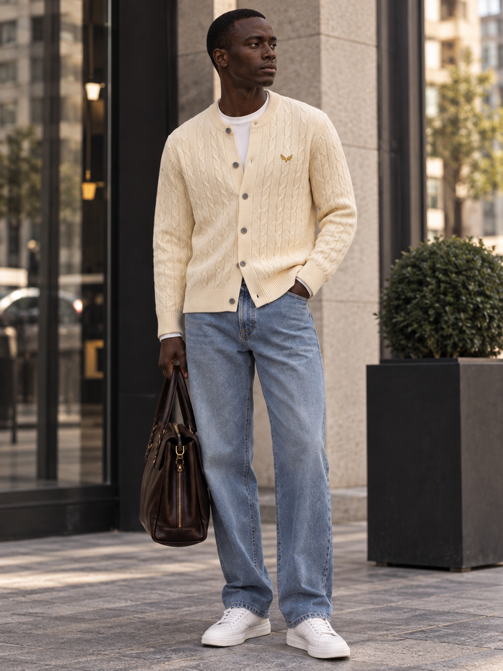 Cardigan da uomo abbottonato in maglia intrecciata