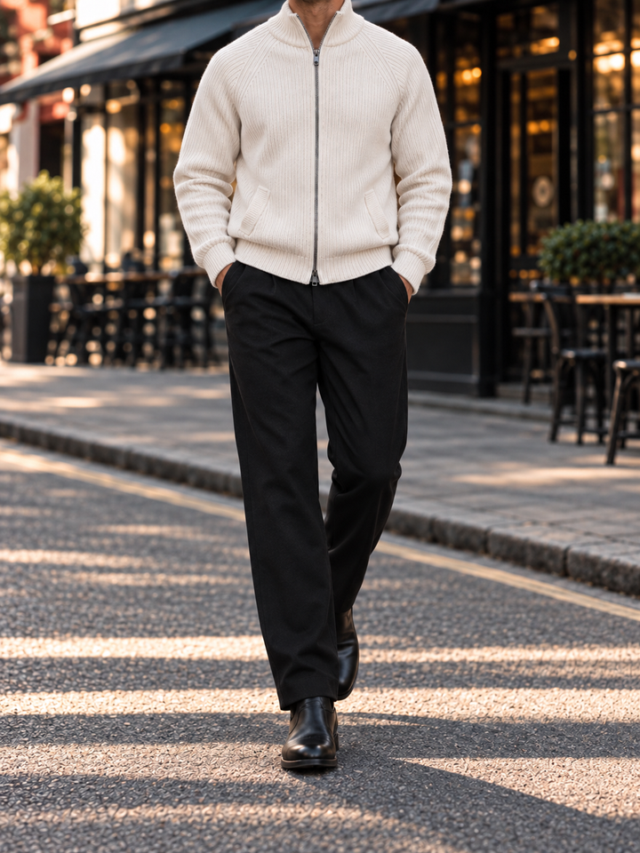 Cardigan Homme Maille Zip Intégral Col Montant Et Bords Côtelés