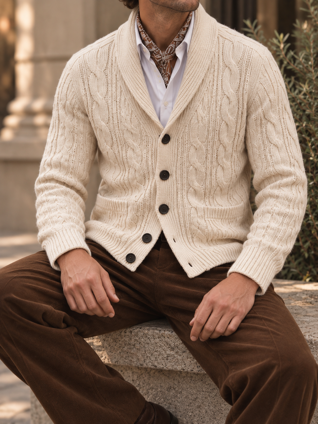 Men's cable-knit shawl-collar cardigan