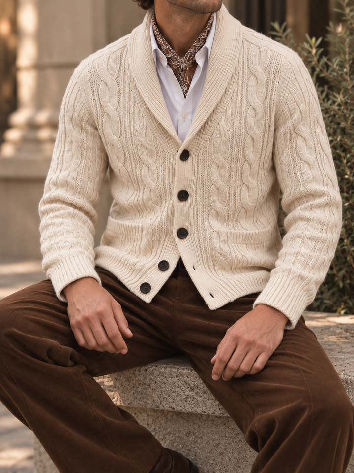 Men's cable-knit shawl-collar cardigan