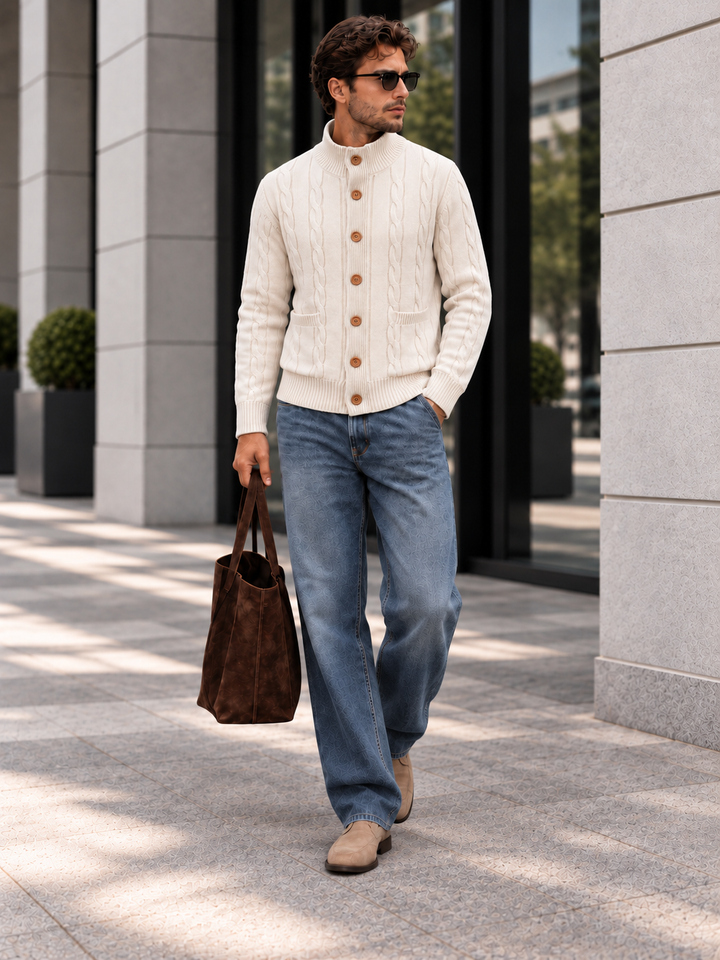 Cardigan Homme Maille Torsadée Boutonné Avec Petit Col Montant